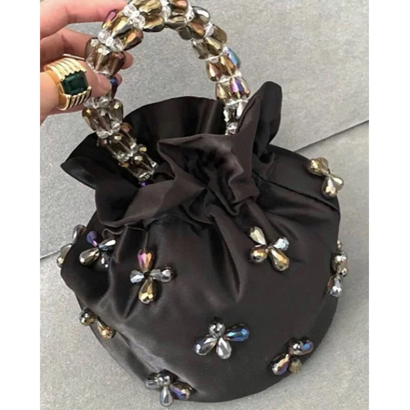 Luxury Crystal Handle Bucket Bag Silk Women Handbag Diamonds Evening Bags for Women Satins Clutch Ladies Party Wedding Purses