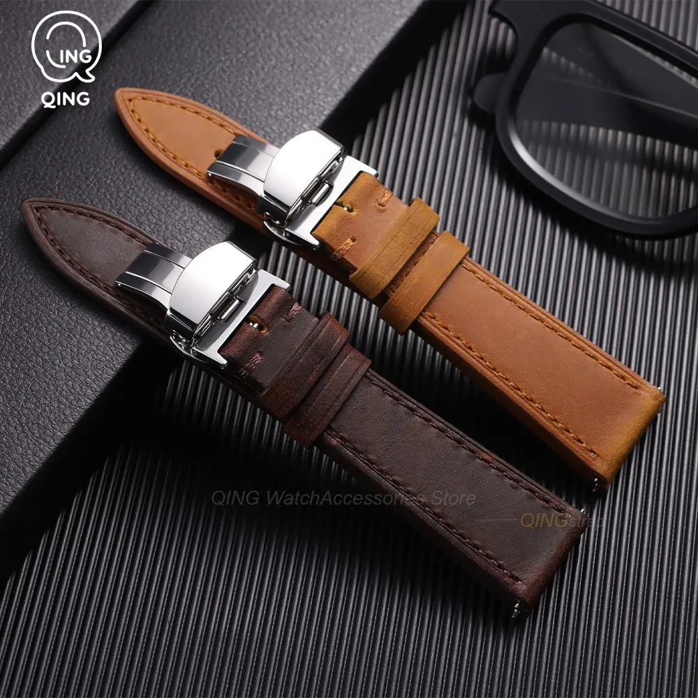 18mm 19mm 20mm 21mm 22mm 24mm Butterfly Clasp Vintage Band Leather WatchStrap for Seiko Bracelet for Rolex for Omega Watch Strap