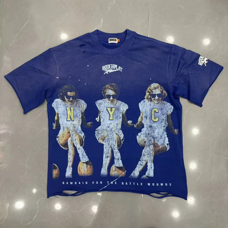 American Hip-hop Style High-quality Real Photo Cotton Roughplay Short Sleeved Top Perforated Figure Print Fashion T-shirt