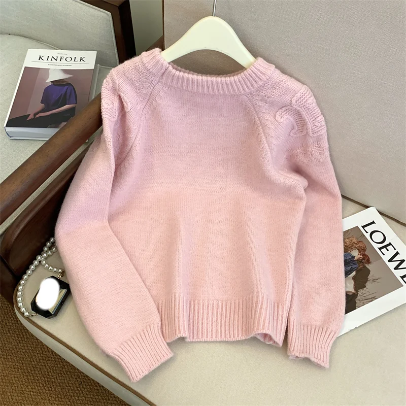 Pink Jacket Women Clothing Vintage Knitting Sweater Pullover Long Sleeve Casual Fashion Contrasting Colors Female Winter Tops