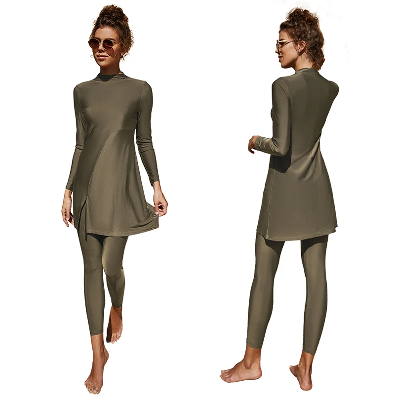 Women Muslim Islamic Conservative Swimsuit Solid Color Long-sleeved Trousers Full Cover Swimwear Burkini Bathing Suit