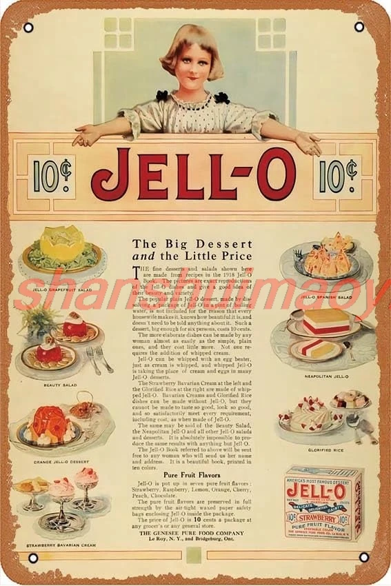 1918 Ad Jello Mold Desserts Flavors Salad Bavarian Rice Cream Genesee Pure TMP2 8x12 Vintage Retro Funny Beer Signs, Man ALI