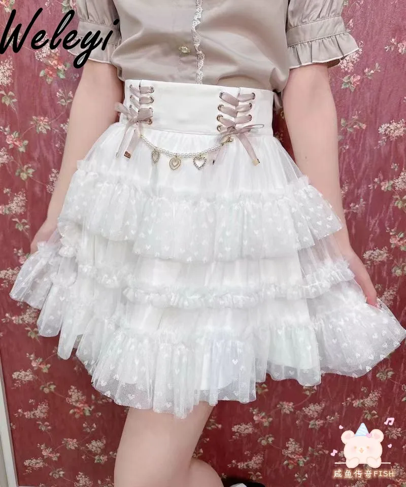 

Rojita Skirt for Women Japanese Style Sweet Bandage Love Chain Ribbon Layer Cake Skirts Cute Mine Mass Production Short Skirt