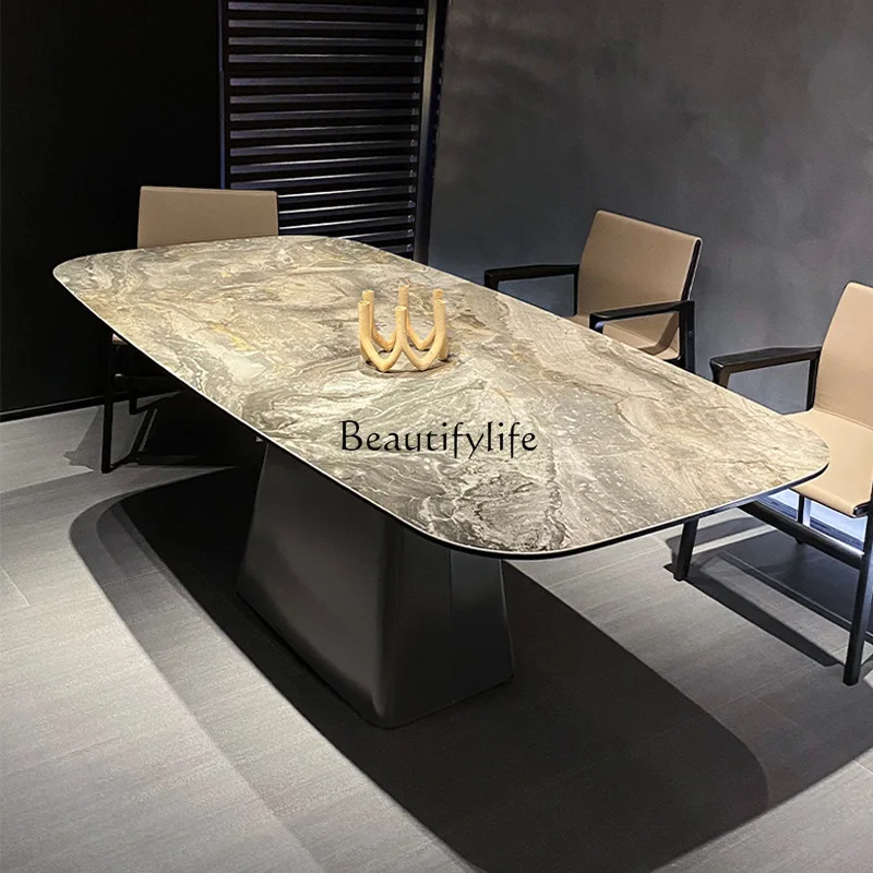 Italian minimalist modern simple rectangular rock slab dining table