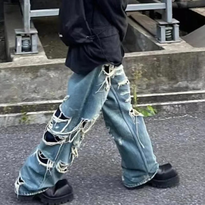 HKSH Spring Autumn New Man Punk Tide Original Design Jeans Double Layered Tassels Straight Denim Pants Baggy Holes Retro HK5655