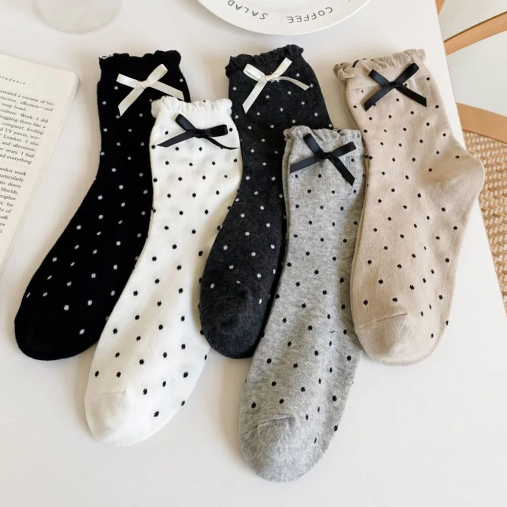 Kawaii Dot Home Office Lolita Socks Women Fashion Bow Long Socks Cute Sweet Autumn Winter Streetwear Femme Sokken Middle Tube