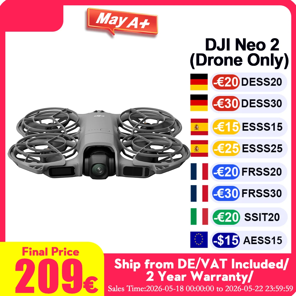 Versión Global DJI Neo 2 Drones con Cámara 4K, Imágenes de Alta Calidad, Sensor CMOS de 1/2 Pulgada, Video 4K/60fps y Cámara Lenta 4K/100fps, Fácil para Principiantes