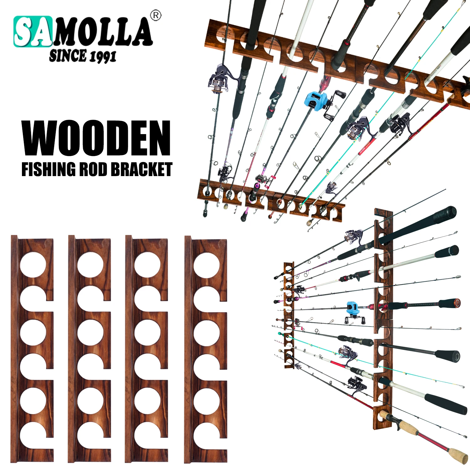 

SAMOLLA 2set 12 Rod Capacity Fishing Rod Rack Anti Corrosion Solid Wood Fishing Gear Fishing Pole Rod Racks Wall