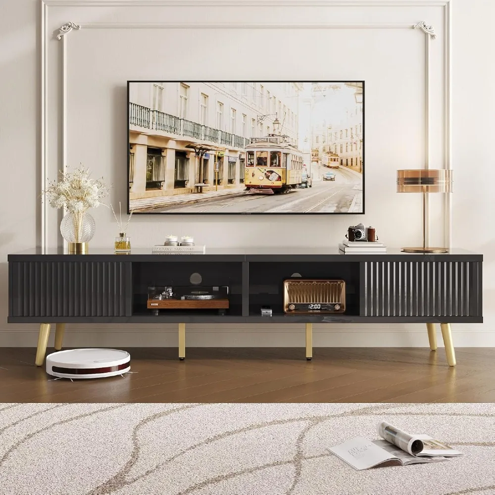 TV Stand for 75/80 inch TV, Low TV Stand with Fluted Sliding Doors, High Gloss Entertainment Center with Storage for Liv