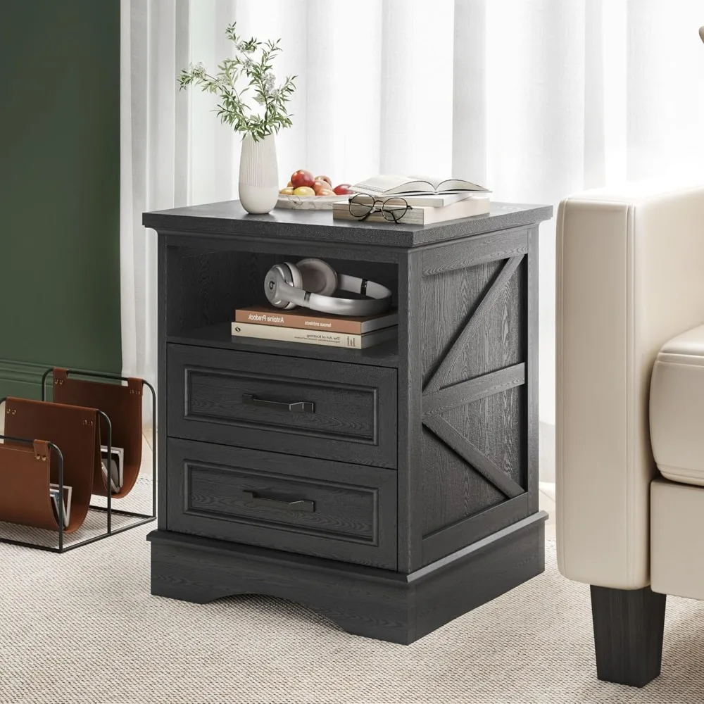 منضدة مزرعة بطول 24 بوصة، ومنضدة ليلية مع محطة شحن، وطاولة بجانب مع أدراج وتخزين مفتوح، وطاولات نهائية ريفية