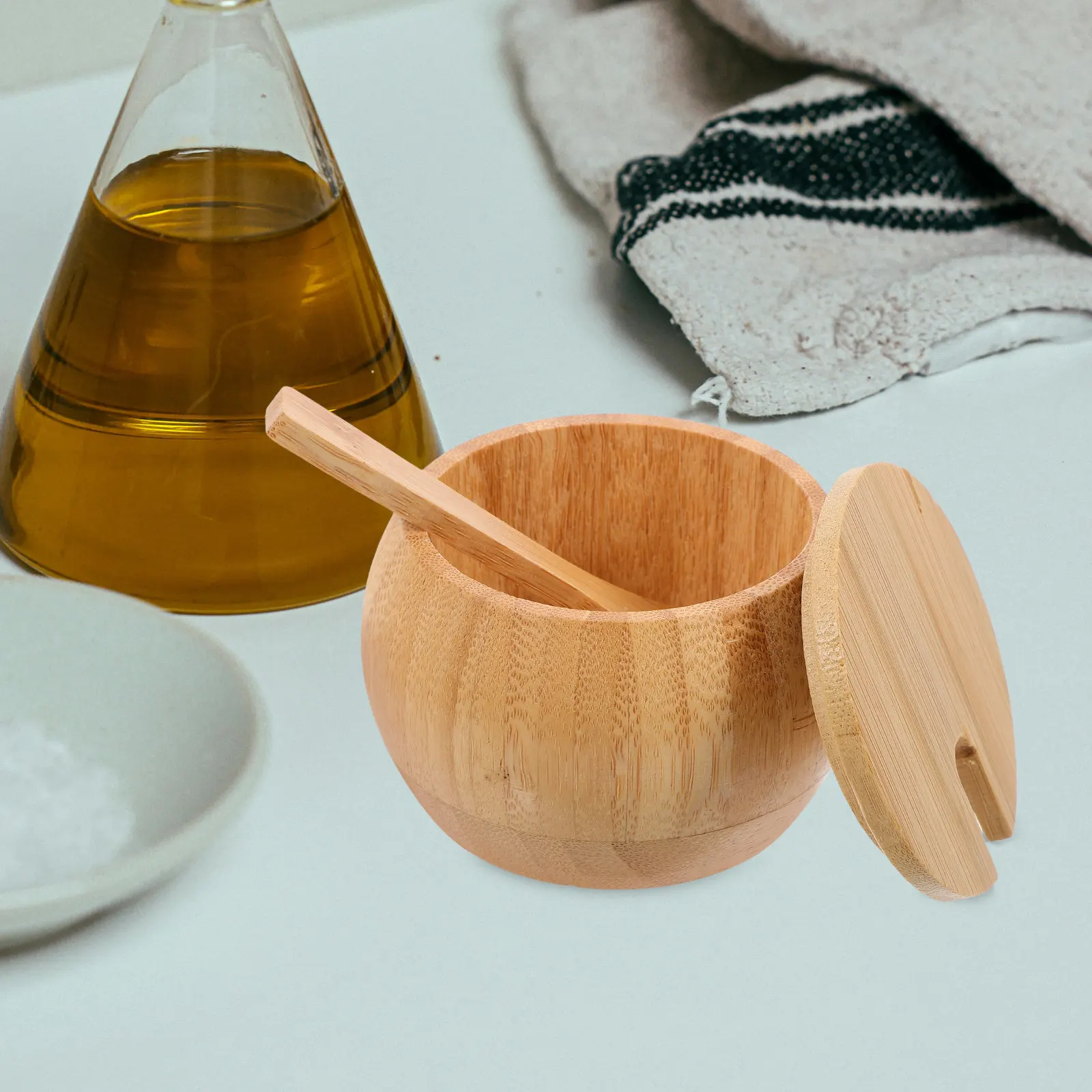 Bamboo Seasoning Jar Eco Friendly Salt Container with Lid and Spoon for Kitchen Spice Storage Portable Lightweight
