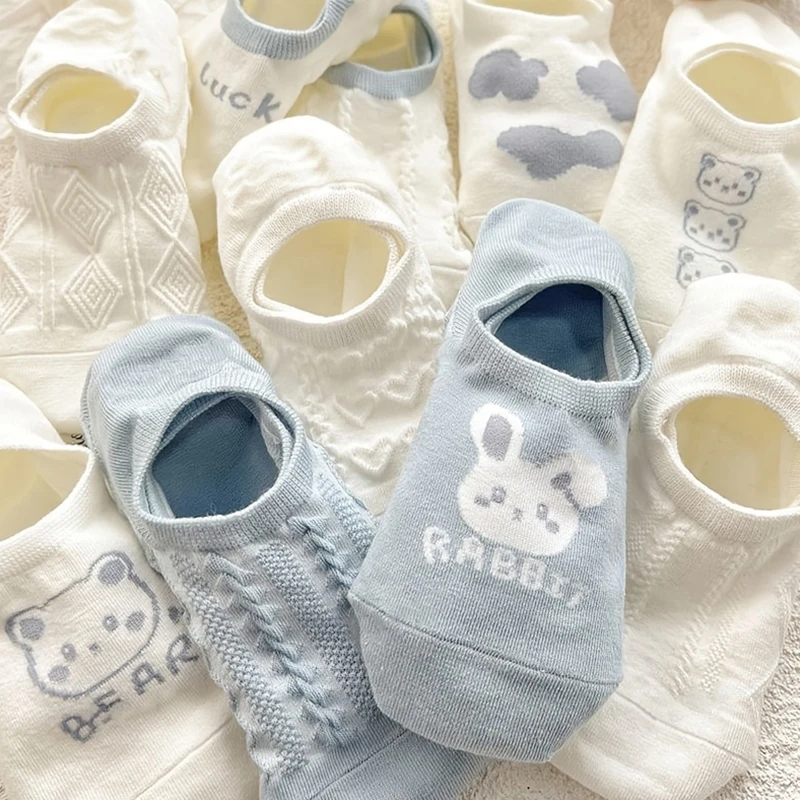 5 Pairs Of Spring And Summer Women's Letter Sweet And Cute Cartoon Teddy Bear/Rabbit Versatile Casual Shallow Mouth Boat Socks