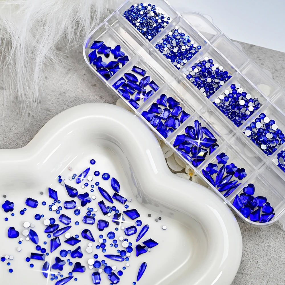 12Grid 3D Christmas Blue Crystal Nail Art Rhinestone Glass Stone Flatback Diamond Non-hotfix Rhinestone for Nail Art Decoration