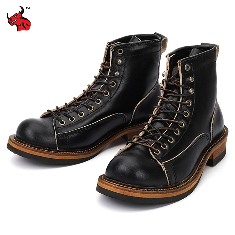 

High Quality Retro Motorcycle Boots Men Cowhide Genuine Leather Hight-Top Motorbike Boots Comfortable Ankle Workwear Boots Black