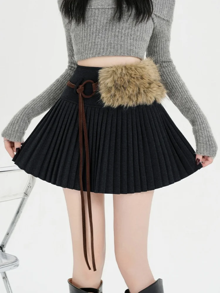 SMTHMA 2025 新作 スイートスパイシー スタイル 多用途 スリム ショートスカート レディース ハイウエスト フェイクファー ウール プリーツスカート