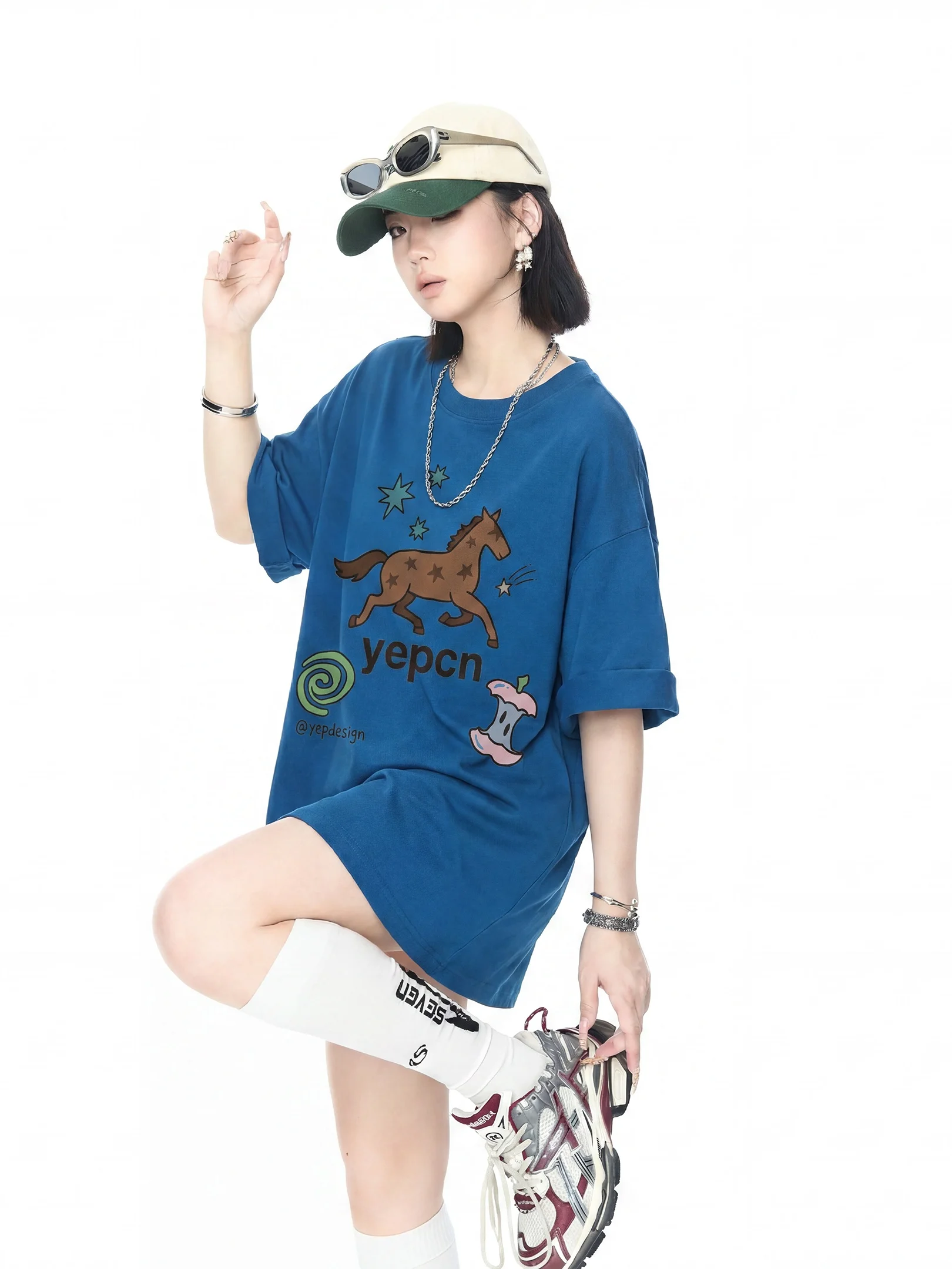 

Retro American Print T-Shirt Women's Short Sleeve Summer New Style Pure Cotton Half Sleeve Loose Couple's Top