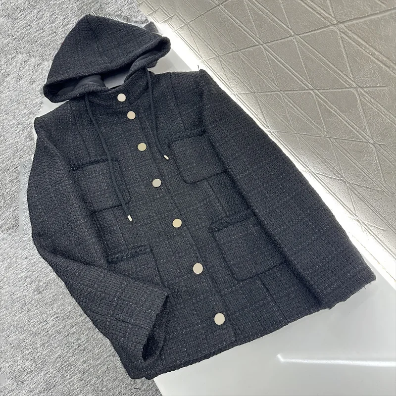 

Высококачественная женская модная и простая короткая стильная роскошная твидовая куртка с капюшоном, пальто с несколькими карманами 2592543