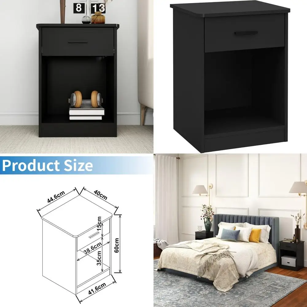 

Two-Tier Wooden Nightstand with Drawer and Open Shelf for Bedroom in Black