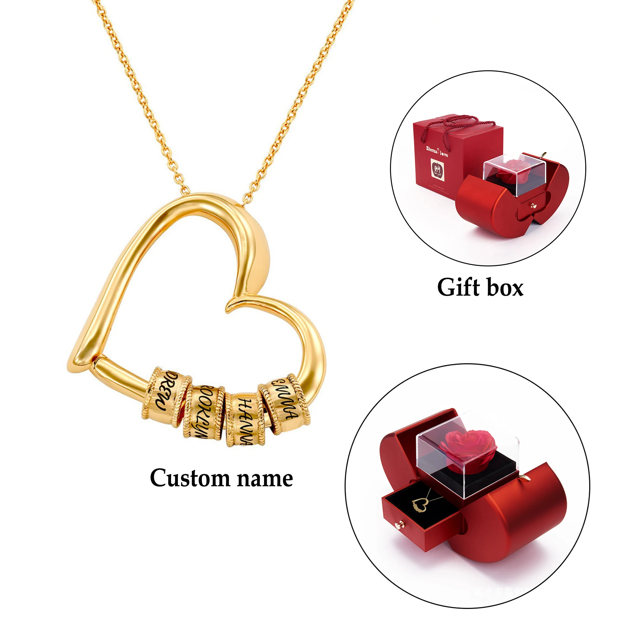 Personalized Engraved Name Heart Bead Necklace with Rose Box Romantic Multi-Name Necklace for Women Birthday Party Gift