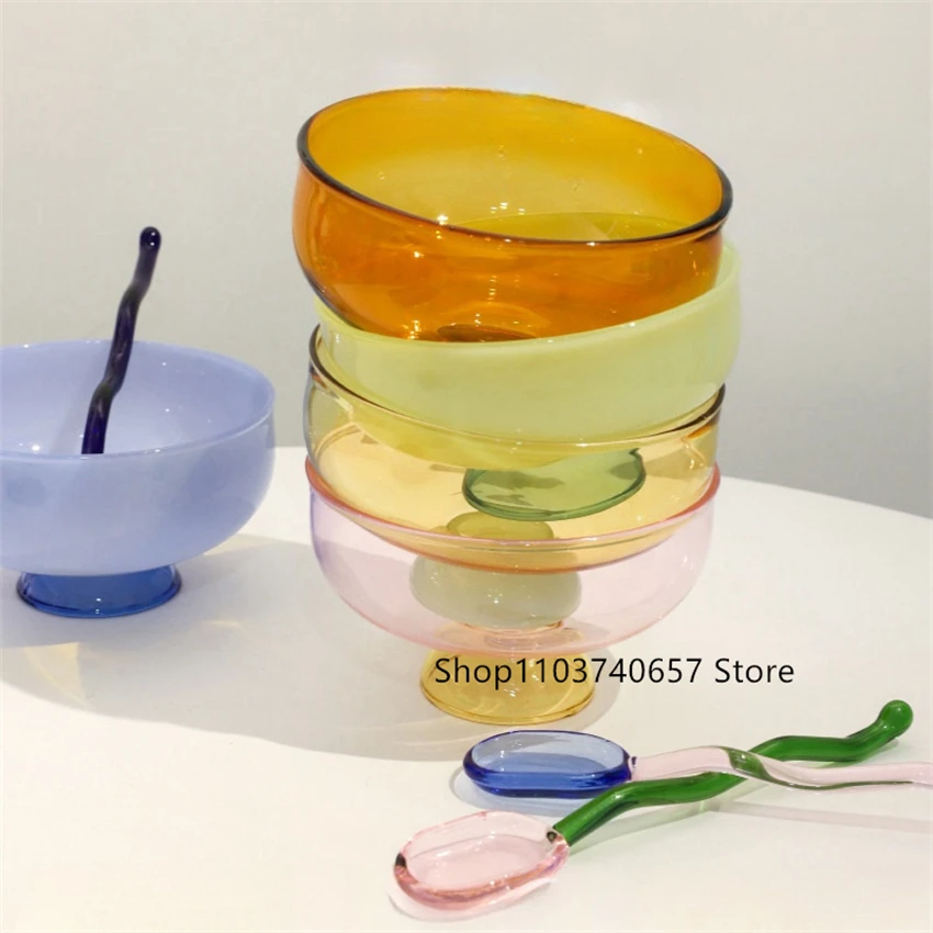 

Korean-style Contrast Glass Fruit Salah Bowl Household High Temperature Resistant Soup Bowl Tableware Round Oat Bowl Spoon suit