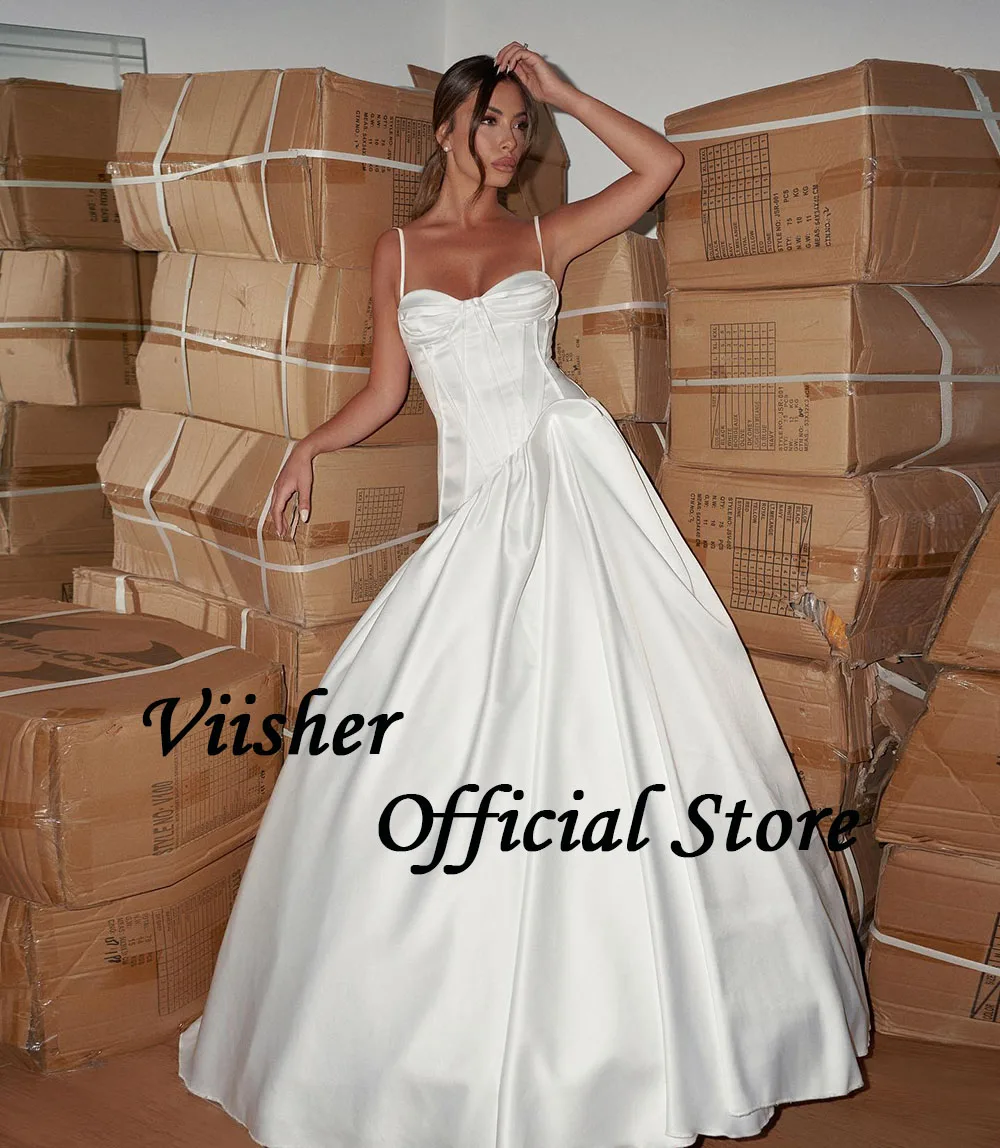 Visher weiß eine Linie Brautkleider Mono Satin Schatz Vintage Brautkleider angepasst Boho Hochzeit Brautkleid