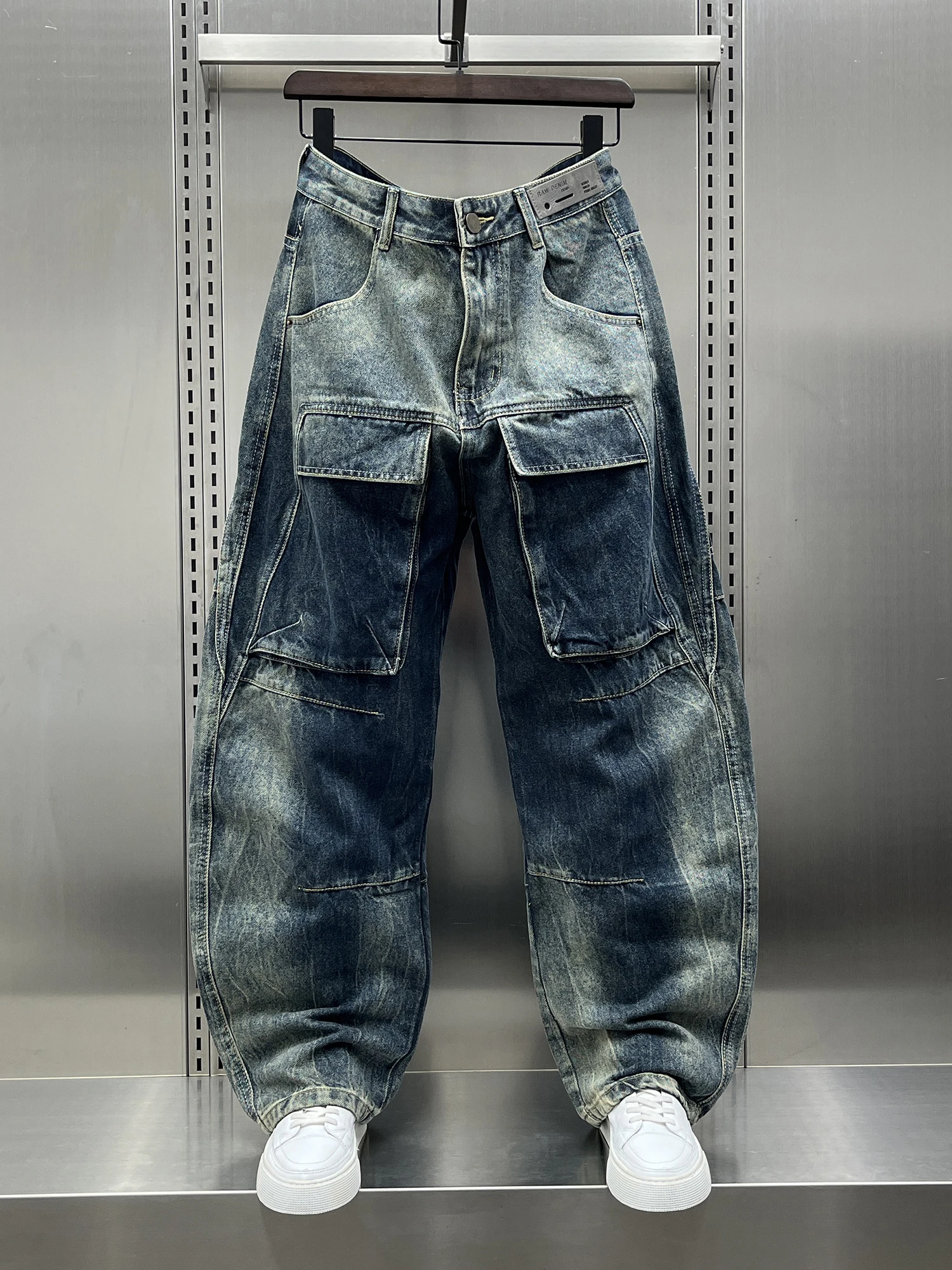 

Trendy Workwear Sle Men's Straight Leg Jeans with Big kets High Street American Vintage Blue Straight Long Pants