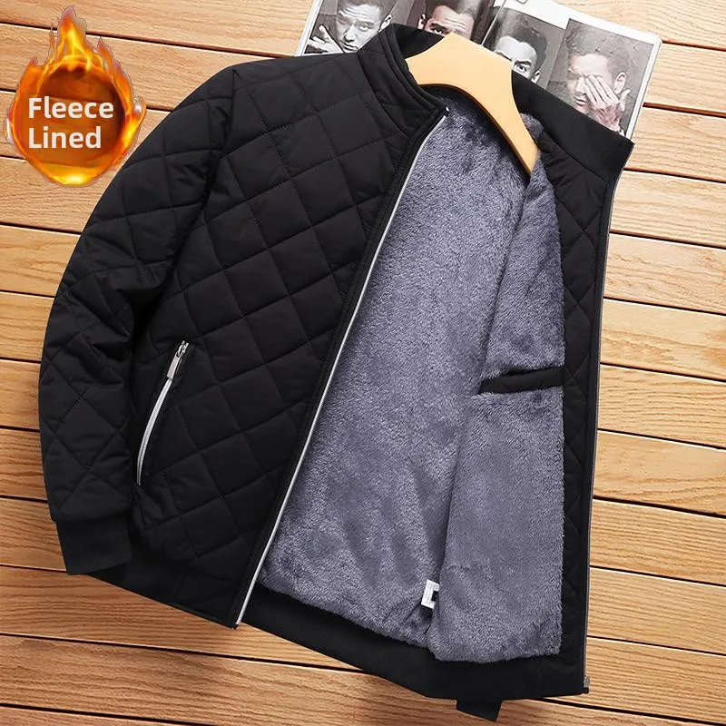 Men's Winter Jacket Stand Collar Fleece Lined Short Casual Fashion Warm Loose Fit Youth Polyester Fabric Standard Sleeve