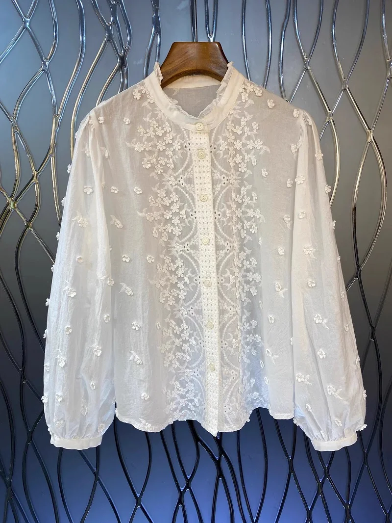 100%Cotton Blouse 2024 Spring Summer Fashion White Shirts High Quality Ladies Appliques Embroidery Long Sleeve White Shirts