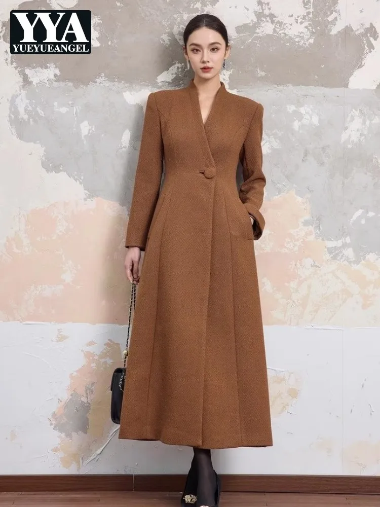 

Винтажное элегантное женское полушерстяное длинное пальто для офиса и дам с v-образным вырезом на одной пуговице и высокой талией, облегающее коричневое пальто во французском стиле