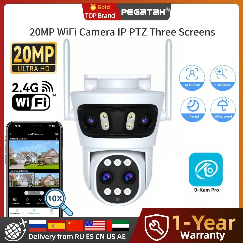 

PEGATAH 20MP WiFi Camera IP PTZ Three Screens 180° Wide Angle Auto Tracking 10X Digital Zoom 15MP Security Protection O-Kam Pro