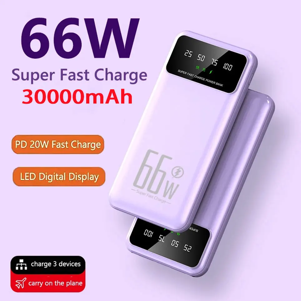 

30000mah Mobile Power 66W Power Bank Portable External Battery Charger Fast Charging For Huawei Samsung Iphone Powerban