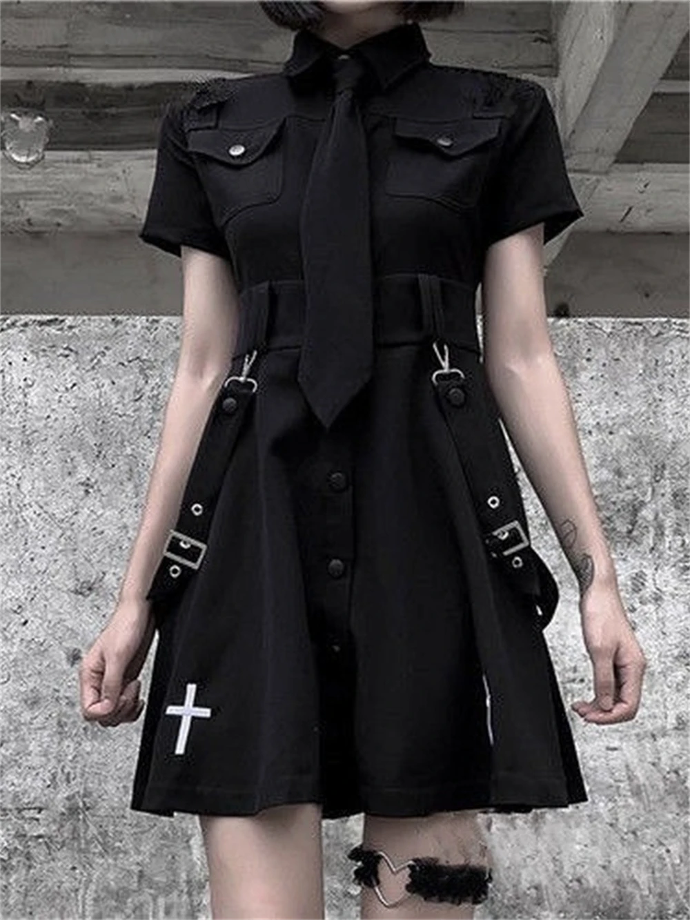 Goth Black Techwear Cargo Mini Dress Women Japanese Lolita Y2k High Waist Emo Dresses Harajuku Female Egirl Grunge Robe Vestidos