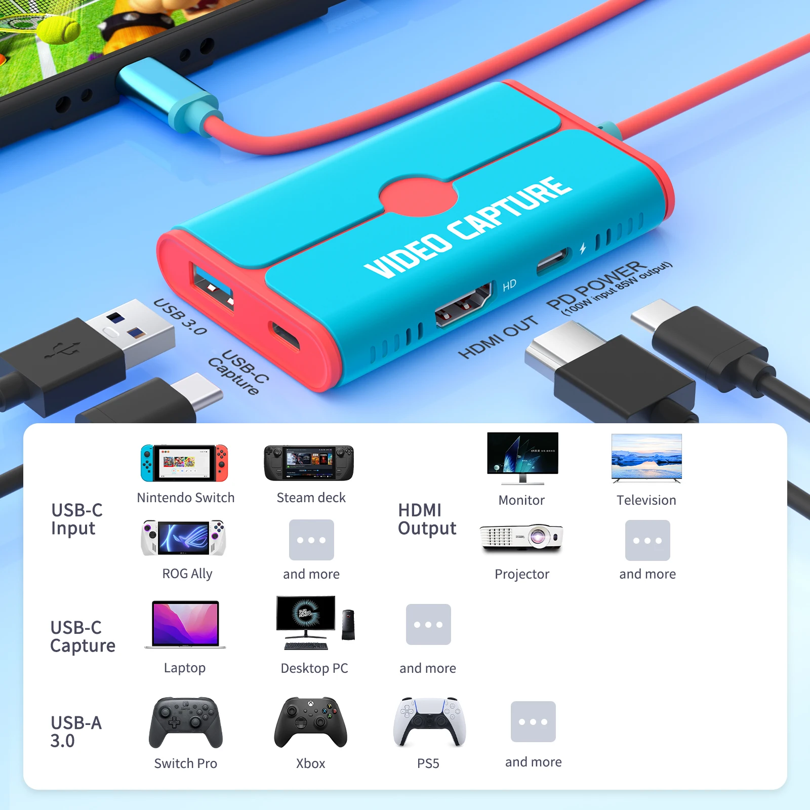 Lemorele USB 3.0 Video Capture Card With 100W PD USB-C to HDMI/USB Video Grabber for Game Recording Teaching Live Streaming