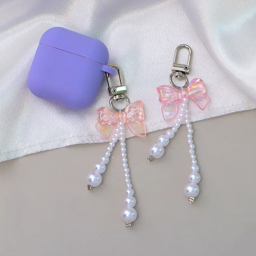 Colorful Translucent Acrylic Bowknot Keychain Faux Pearl Beaded Tassel Keyring Handbag Pendant Car Key Holder Accessories Gift