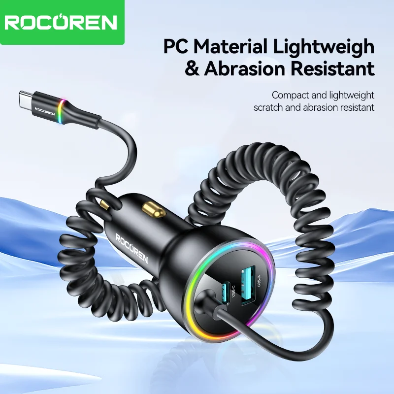 Rocoren 70W USB Type C Car Charger With Spring Cable Fast Charging Type-C USBC Car Quick Charger Adapter For iPhone 16 15 Xiaomi