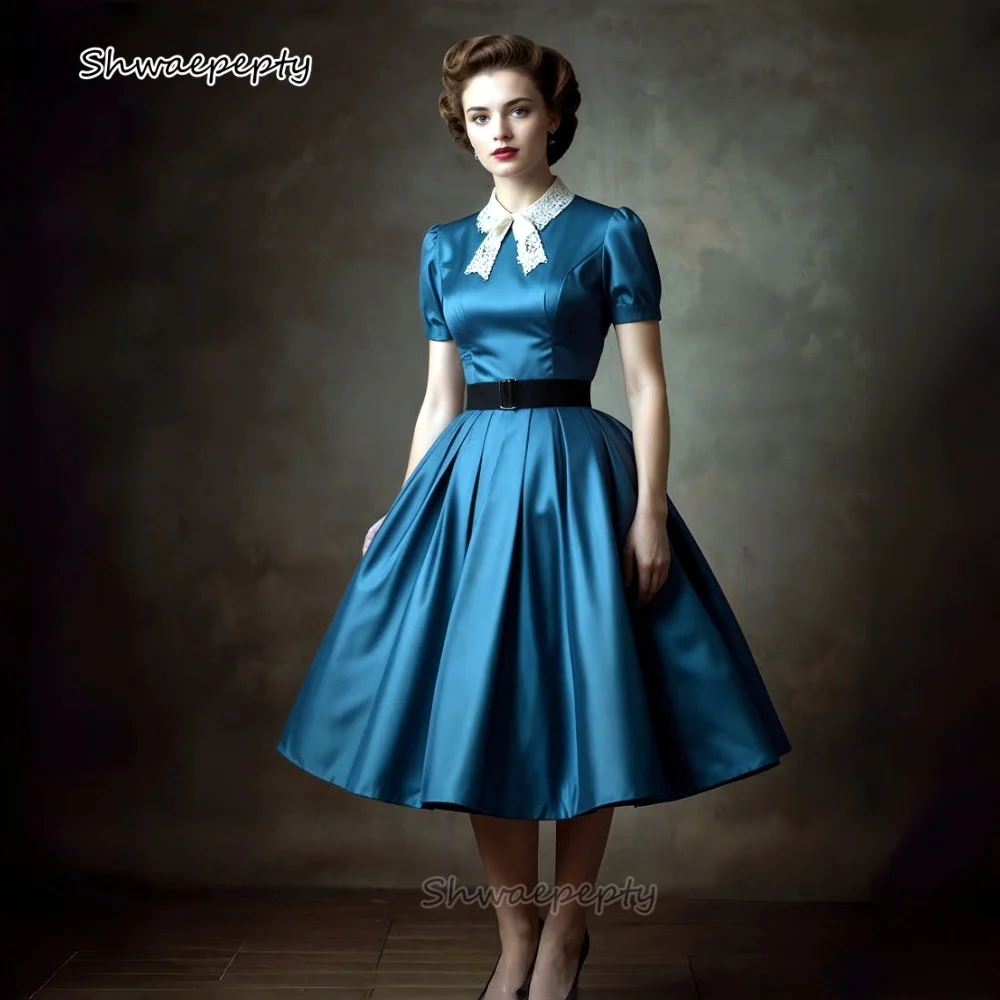 1950s elegante azul vestido de baile chá-comprimento cetim mangas curtas boutique vestido de festa personalizado vestidos de noite vintage para senhoras