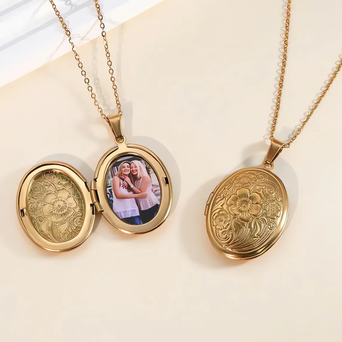 

Изящный овальный кулон-медальон с цветочным узором для женщин, позолоченный 18-каратным золотом, из нержавеющей стали, с рамкой для фото, подарок на память о любви