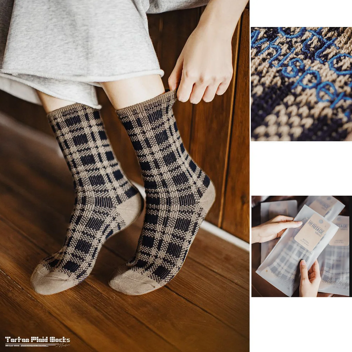 Maden Women's Vintage Knit Plaid Crew Socks with Embroidery Warm Thermal Cotton Seamless Toe Retro American Style