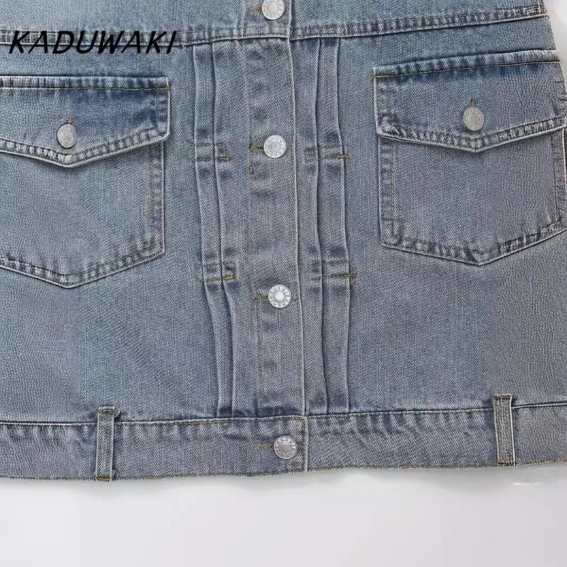 KADUWAKI Fashion Classic Lapel Long Sleeve Faux Denim Tops Casual Trend Pleated Single Breasted Pocket Denim Coat Пальто Женское