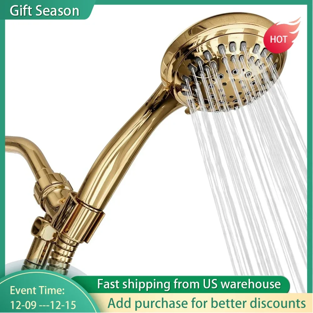 4.5 inch Shower Head, 6 Spray Setting Handheld Shower Head with Extra-Long Hose, Polished Brass/Imperial Shine Gold