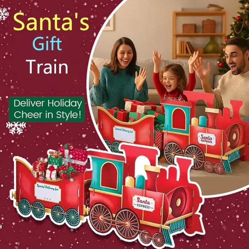 PGY Christmas Presents Trains Storage Box Santa Express Train with Red Gold Locomotive Candy Snacks Gifts Holder Christmas Decor