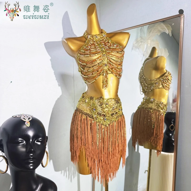 

Костюм для латинских танцев AB Stone для женщин, взрослых и детей, высококачественный индивидуальный костюм с цепочкой и цветком, платье для выступлений самбы-ча