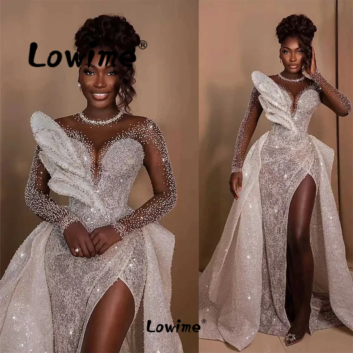 Customized Wedding Party Dress With Detachable Train White Ivory 2 In 1 Prom Dresses Long Sleeve Mermaid Split Side Beaded Pearl