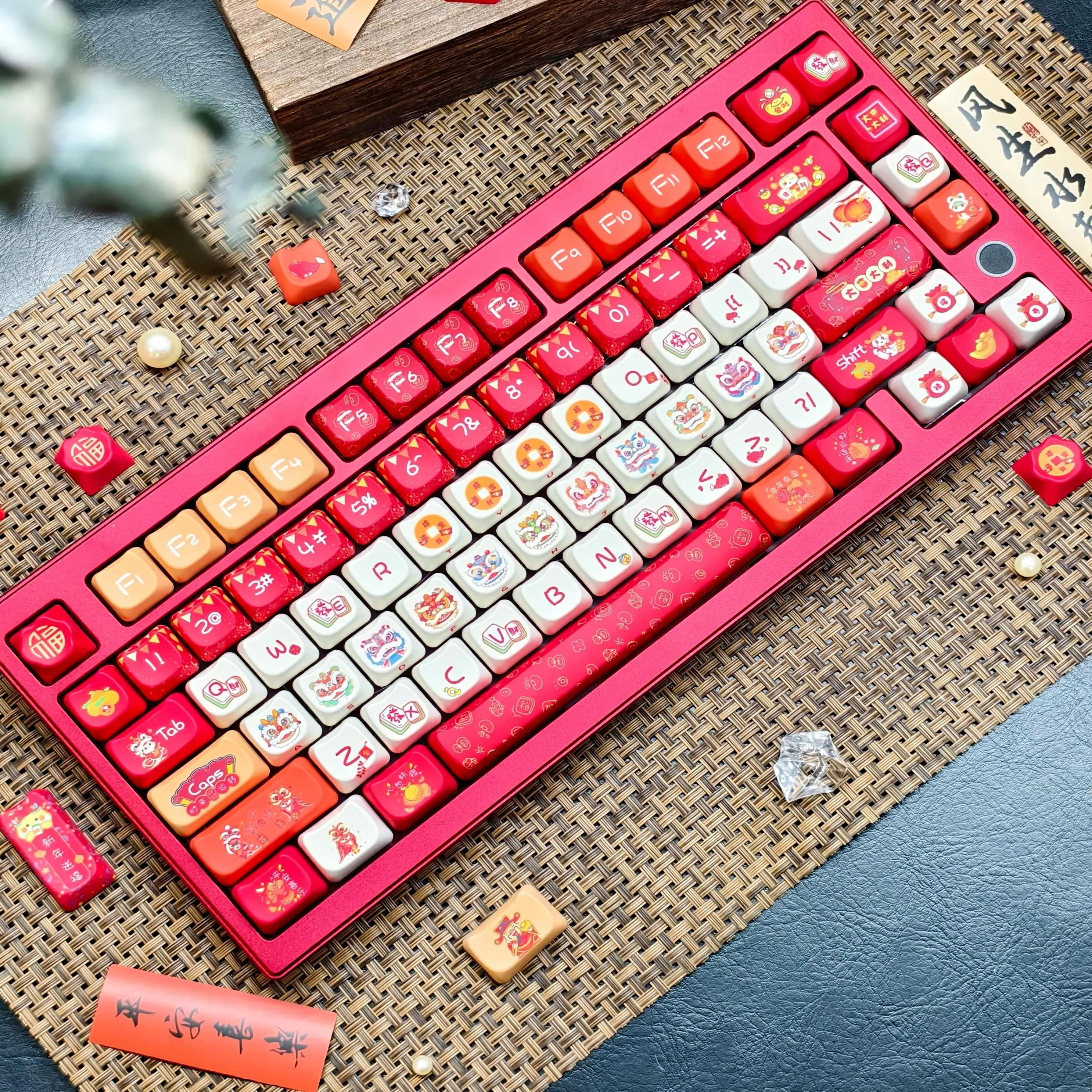 Red New Year Theme Keycap Set MAO Profile Cute Cat Ear Keycaps PBT Thermal Sublimation Lion Dance Mechanical Keyboard Key Caps