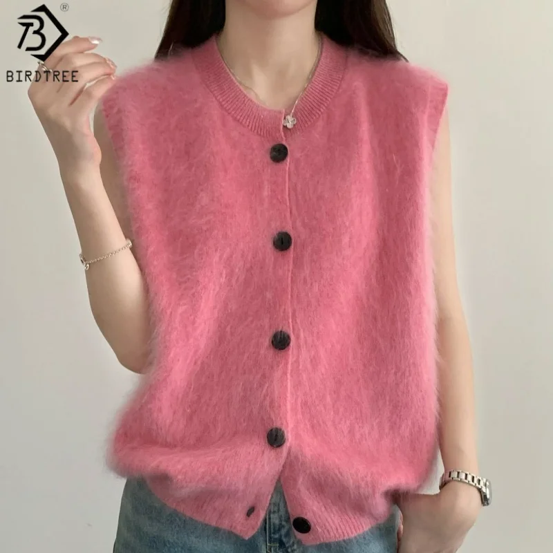 Birdtree, 93% Sheep Wool Brushed Tank Top, Sleeveless O-neck Vest, Women Single Breasted Solid Tops, 2026 Autumn New T69808JF