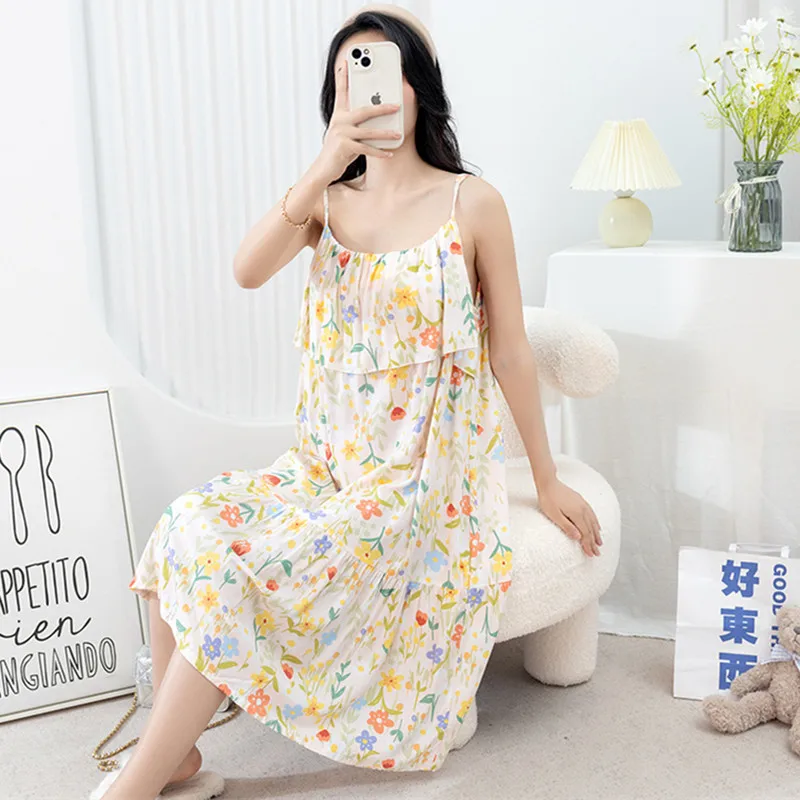 Casual Sleepwear Dress For Women Summer Sexy Suspender Nightdress Loose Home Wear Nightgowns Printed Night Female Nightshirt