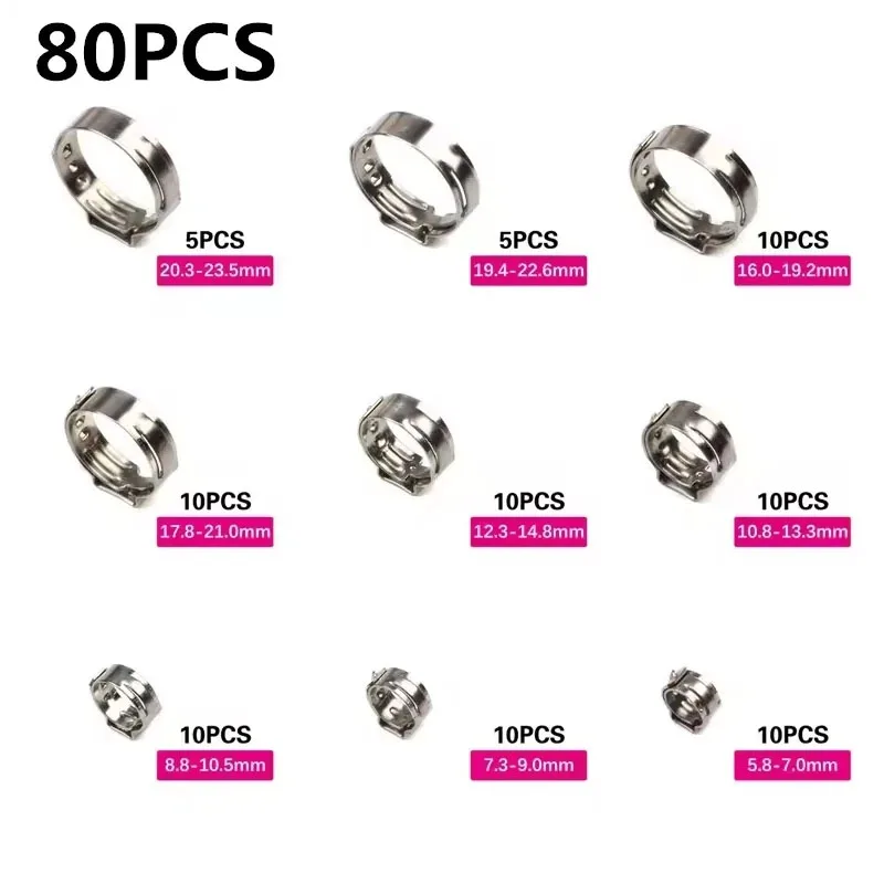 304 Stainless Steel Single Ear Stepless Hose Clamps Assortment Kit Water Pipe Sealing Clips with 1PC Professional Clamp Pliers