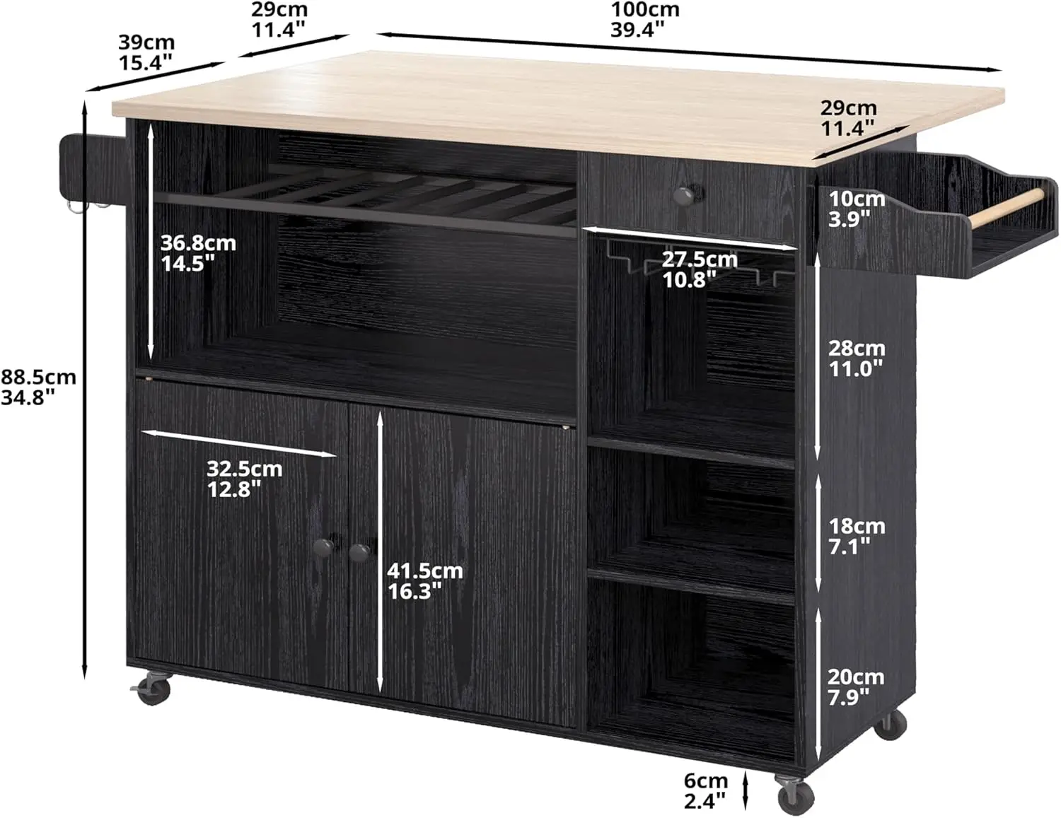 Rolling Kitchen Island Cart , Microwave Rack Serving Cart on Wheels with Drawer & Shelves & Spice Rack & Cup Hanging, Black