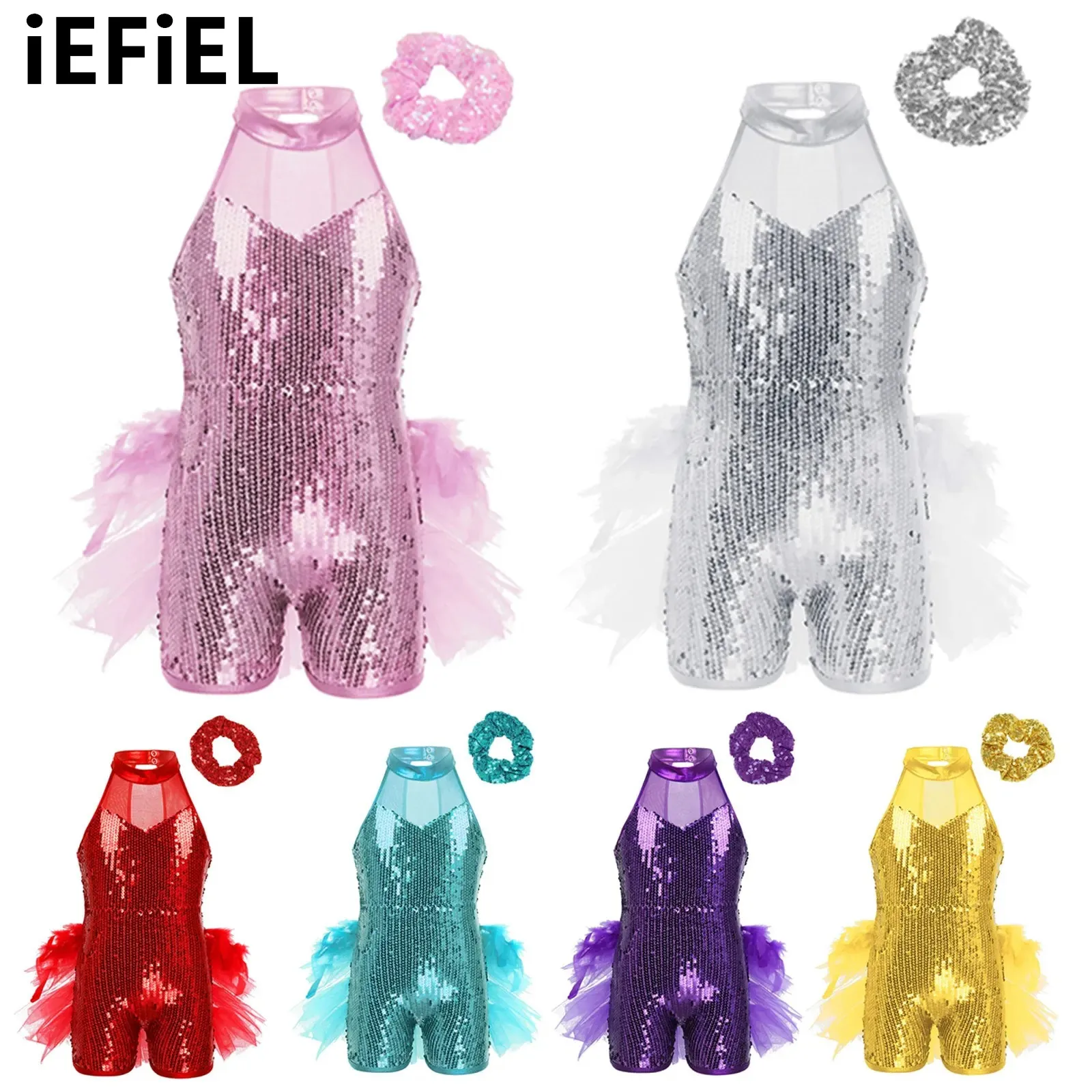 

Kids Sequins Jazz Leotard Girls Latin Dance Costume Sleeveless Mock Neck Sequins Leotard with Hair Tie Headwear