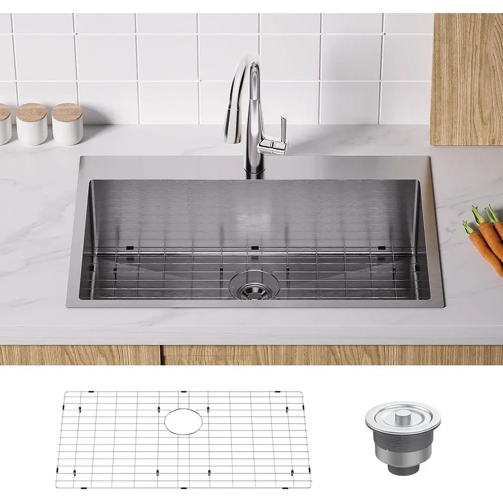 30 Inch Top Mount Kitchen Sink Drop-in, Single Bowl, 304 Stainless Steel, Workstation Sink, RV & Garage, 30x22x9